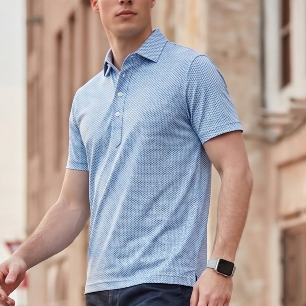 COLLARS & CO. Dress Collar Polo Mens L Blue Micro Dot Short Sleeve Performance